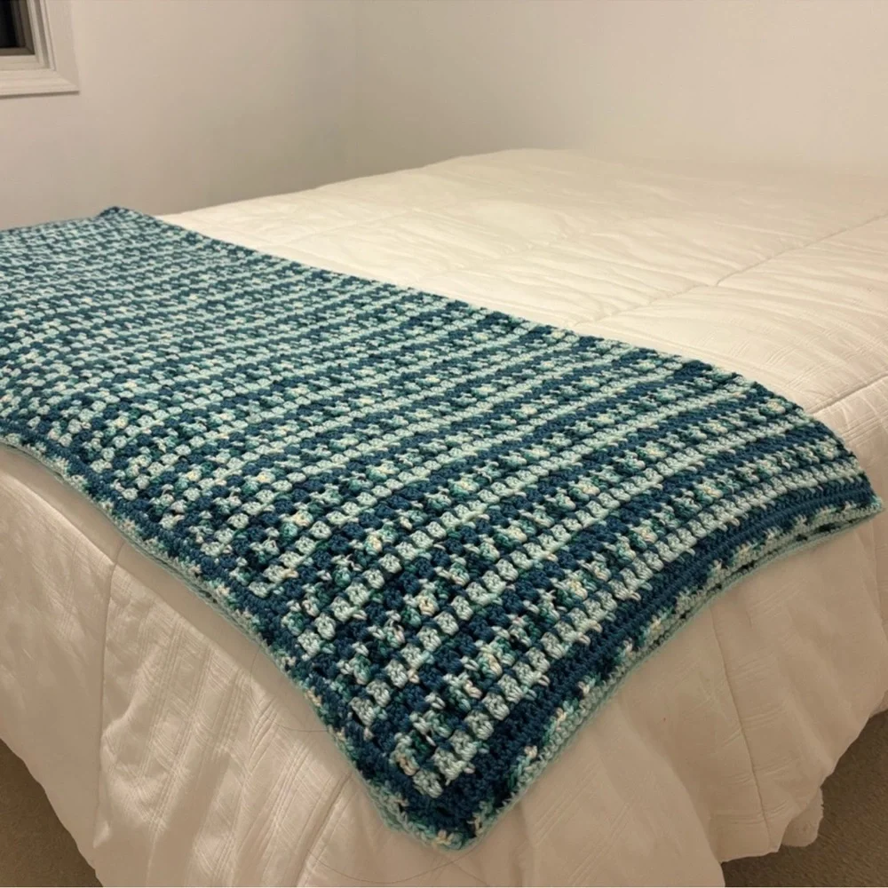 Handmade Crochet Blanket Throw Quilt Sea Glass Coastal Blue Aqua Green 56” X 54”